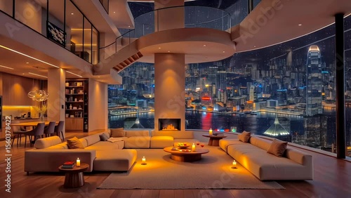 A cozy and modern duplex penthouse with a central fireplace and a spiral staircase, offering a warm, safe retreat with a view of a rainy city at night.