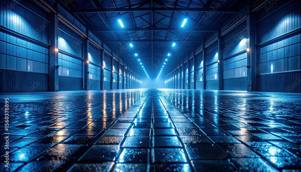 Obraz premium Midnight Neon Reflection in a Slick Warehouse with Cobblestones