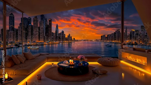A luxurious penthouse lounge with a sunken seating area and infinity pool, offering a stunning view of a dramatic orange sunset over a modern city skyline.