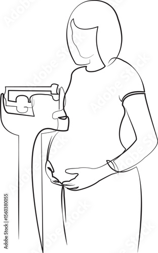 One continuous line drawing on white isolated background. Minimalism linear illustration. pregnant, woman, mother, weight, people, adult, lifestyle, weight scale, healthy lifestyle