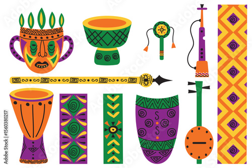 Set of African cultural elements. Vector of tambourine, pipe, drum, mask, spear, shield