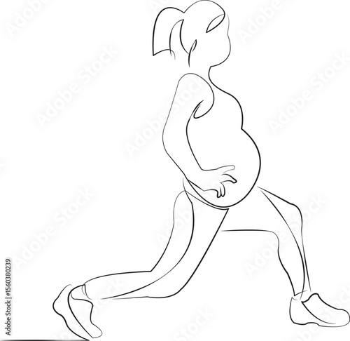One continuous line drawing on white isolated background. Minimalism linear illustration. woman, person, pregnant, yoga, sport, lunge, exercise, fitness, mother, belly