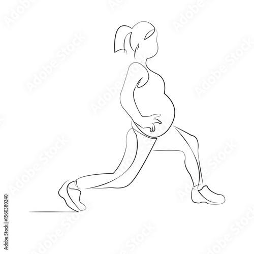 One continuous line drawing on white isolated background. Minimalism linear illustration. woman, person, pregnant, yoga, sport, lunge, exercise, fitness, mother, belly
