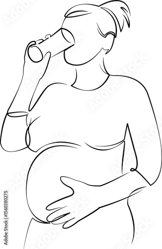 One continuous line drawing on white isolated background. Minimalism linear illustration. person, drinking, pregnant, lifestyle, water, woman, mother, adult, indoor, drink