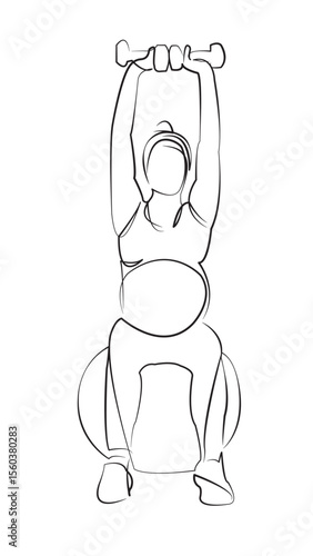 One continuous line drawing on white isolated background. Minimalism linear illustration. person, dumbbell, pregnant, woman, lifestyle, exercising, indoor, sport, sitting, smiling
