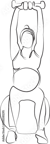 One continuous line drawing on white isolated background. Minimalism linear illustration. person, dumbbell, pregnant, woman, lifestyle, exercising, indoor, sport, sitting, smiling