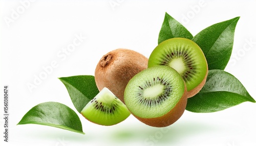 fresh kiwi slices falling with green leaves isolated on white background