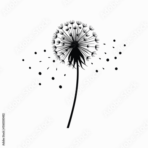 Silhouette of dandelion puff blowing seeds flying away nature floral delicate airy vector illustration