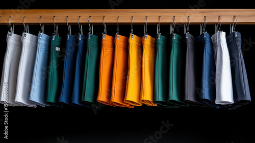 Garment factory, Finished pants on hangers in a production line undergoing final inspection before shipment.