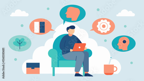 A person sitting in a chair surrounded by objects from their past with a glimpse of their brain on top showing the parts that light up as they reminisce using a personalized kit.. Vector illustration