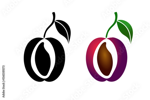 Half cut plum with pit icon in natural gradient and black colors, silhouette and outline designs	