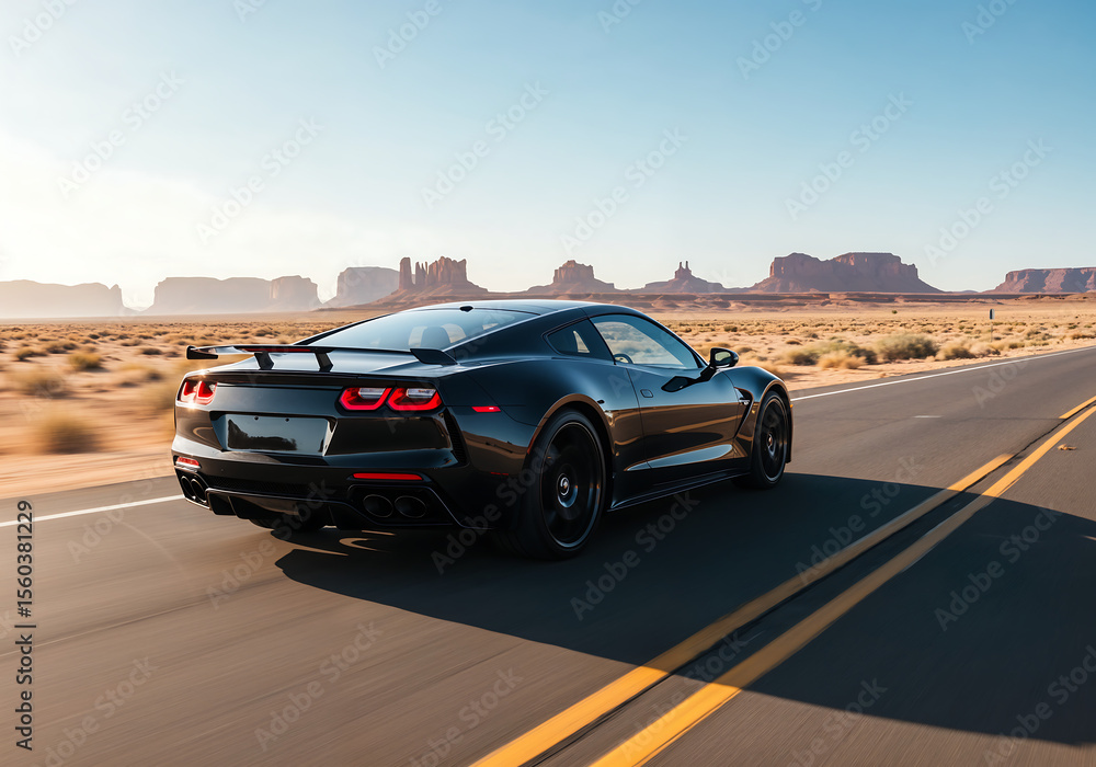 Fototapeta premium Black Sports Car Racing on Desert Highway with Motion Blur Under Clear Blue Sky and Warm Sunlight Reflections