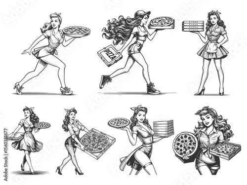 pin-up girl delivering or serving pizza Set collection bundle sketch engraving generative ai vector illustration. Scratch board imitation. Black and white image.