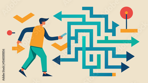 A person walking through a maze with arrows and obstacles as part of a spatial reasoning training program.. Vector illustration