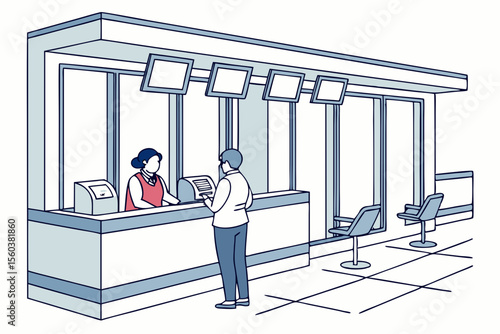 Bank teller assisting a customer at a modern counter with screens vector.