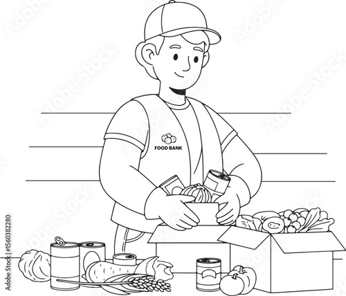 a black and white line art illustration depicting a bustling scene within a food bank, focusing on a volunteer sorting donations