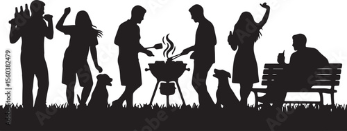 People enjoying outdoor barbecue party with dogs and drinks grilling