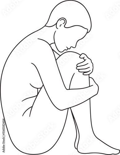 a minimalist black and white line art illustration of a person in a fetal or huddled position