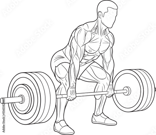 Line Art of a Man Performing a Barbell Deadlift