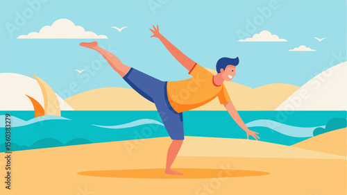A man joyfully doing cartwheels on a sunny beach enjoying the sand and sea breeze.. Vector illustration