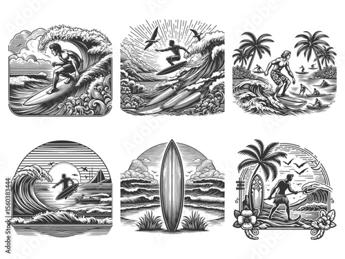 surfers riding waves, surfboards, and tropical beach Set collection bundle sketch engraving generative ai vector illustration. Scratch board imitation. Black and white image.