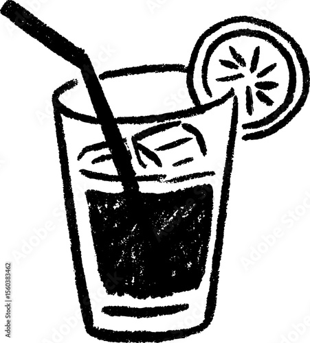 Refreshing cold drink in glass with lemon wedge sketch for beverage design