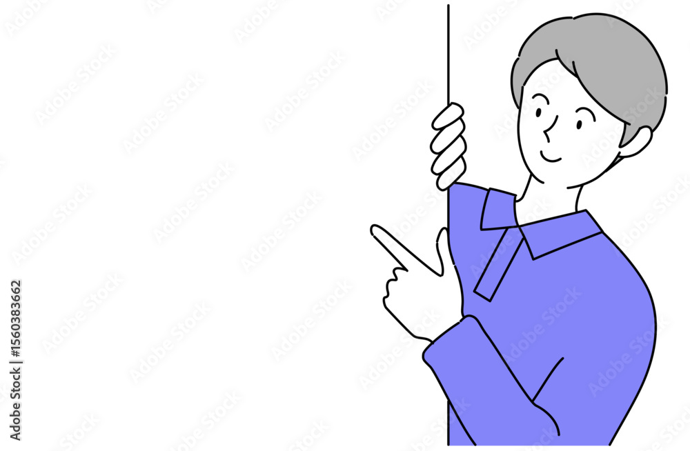 後ろから顔をのぞかせて何かを指さしている笑顔の男性のベクターイラスト 後ろから顔をのぞかせて何かを指さしている笑顔の男性のベクターイラスト