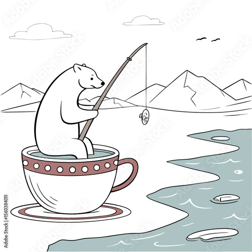 A polar bear fishing from a teacup in a landscape with mountains and clouds in a whimsical illustration