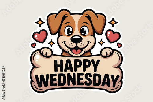 Happy cartoon dog holds a bone saying happy Wednesday, perfect for greeting cards, social media posts, and childrens educational materials.
