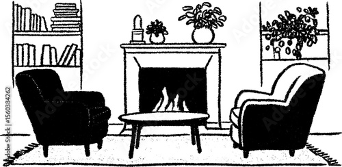 Cozy winter living room with fireplace and comfortable seating