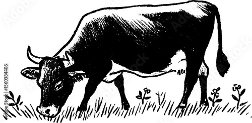 Black bold pencil sketch of a cow grazing in a field