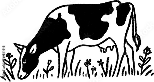 Cow grazing in a field sketch with black bold pencil lines
