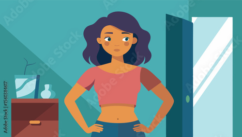 A young girl standing in front of her bedroom mirror proudly wearing a crop top that she once deemed too revealing.. Vector illustration