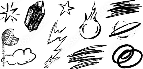 Celestial and terrestrial sketch collection: crystal shard and crescent moon