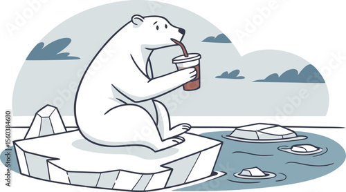 Polar bear drinking from a cup with a straw while sitting on an ice floe in a cold arctic landscape