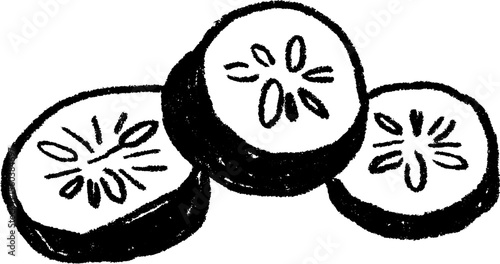 Artistic sketch of bold black cucumber slices with textured detailing