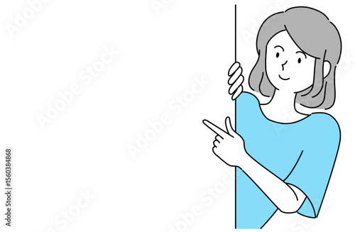 後ろから顔をのぞかせて何かを指さしている笑顔の女性のベクターイラスト