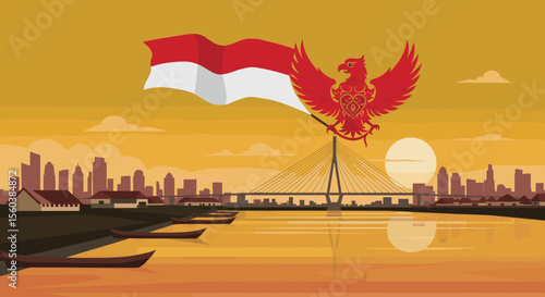 This vector image showcases a cityscape of Banjarmasin with a river running through it, as a red bird soars above, holding the Indonesian flag.