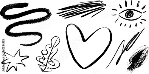 Abstract sketch art with curled snake line and ghostly forms in black and white