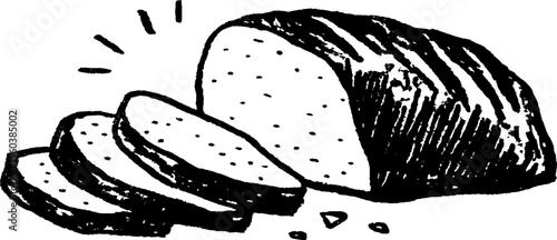 Rustic bread sketch: cut loaf with crumbs for design and decor