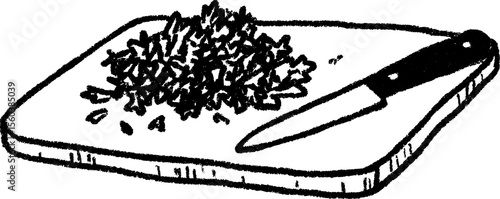 Hand-drawn cutting board with chopped herbs and knife ideal for kitchen art or recipe designs