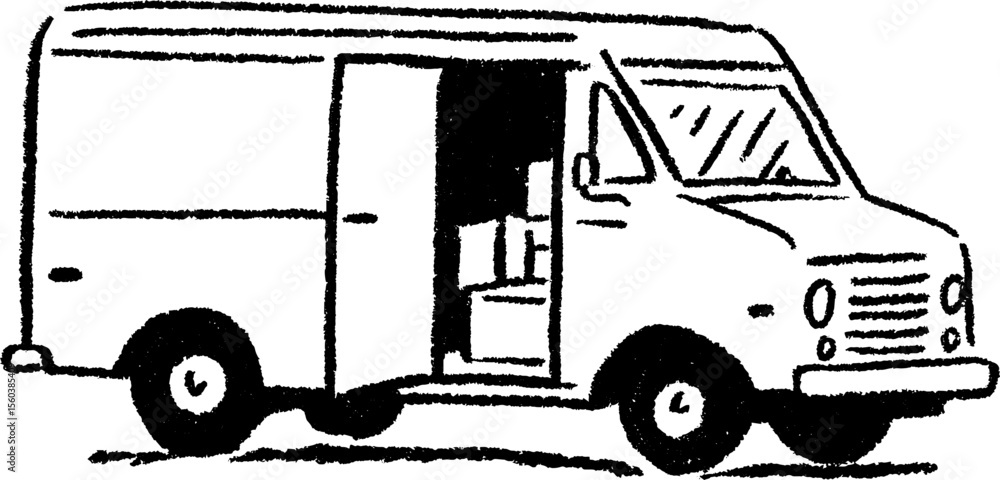 Hand drawn sketch of a delivery van with open rear doors for design projects Hand drawn sketch of a delivery van with open rear doors for design projects