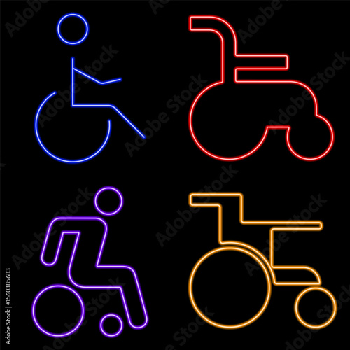 disabled person neon icon group, vector illustration on black background.