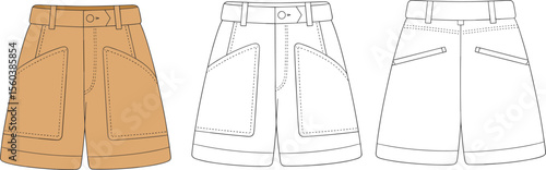CAD drawing flat vector illustration of men’s shorts, colored and outline views, front and back layout, flap pockets, belt loops, garment sketch, fashion design template