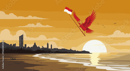 This vector image shows a red bird flying over a beach at sunset, carrying the Indonesian flag in its talons