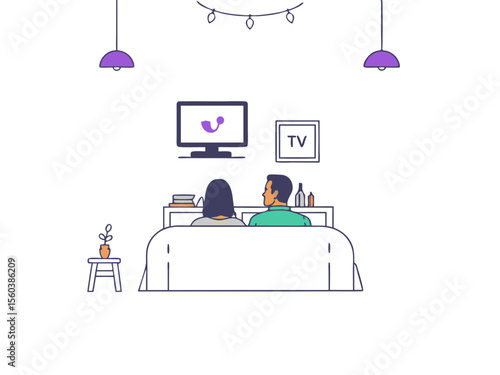 Couple watching tv together cozy room interior scene with simple illustration style