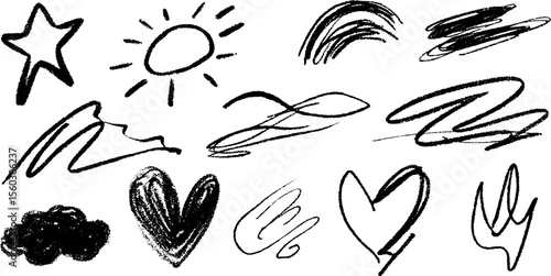 Abstract sketch collection featuring dripping star and rising sun elements