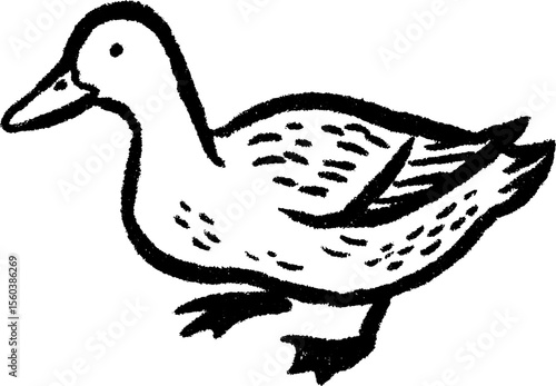 Hand drawn sketch of duck waddling with head down in black and white for nature art