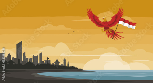 This vector image shows a red bird flying over a beach at sunset, carrying the Indonesian flag in its talons