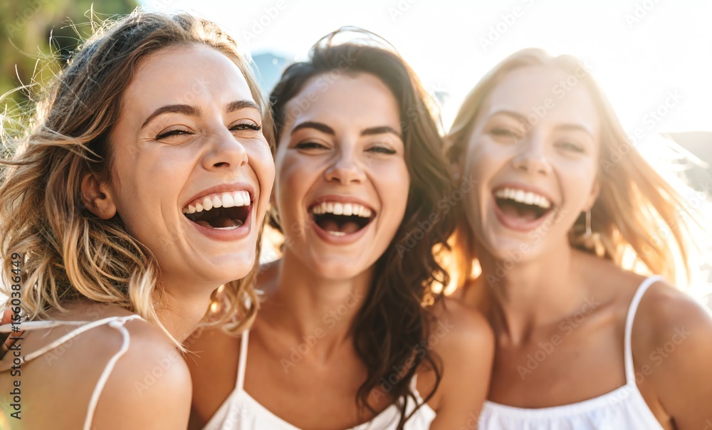 Three friends enjoying a lighthearted moment laughing together in a delightful display of friendship outdoors Three friends enjoying a lighthearted moment laughing together in a delightful display of friendship outdoors